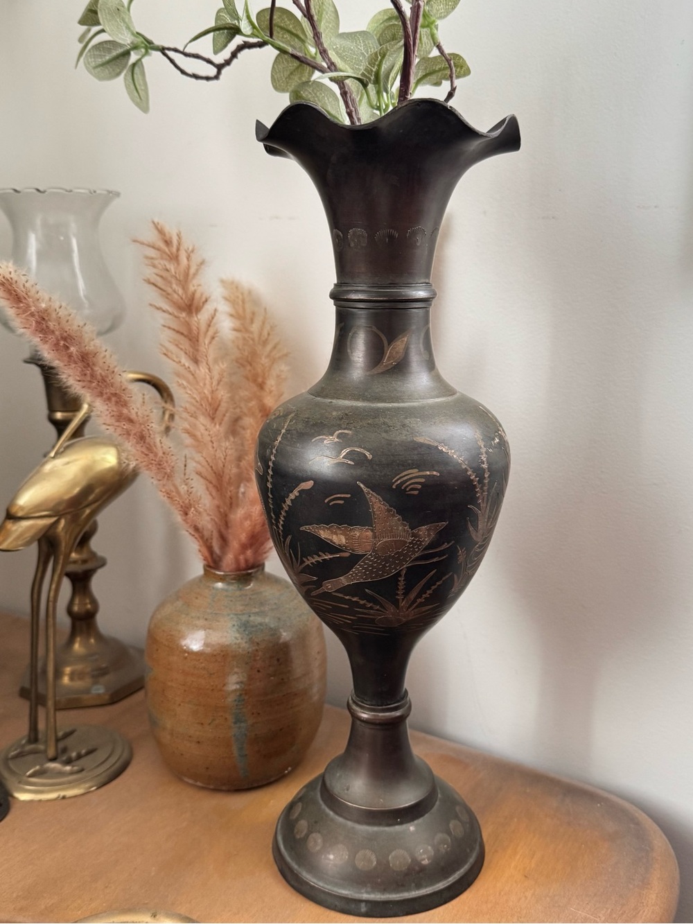 Large vintage brass etched vase
